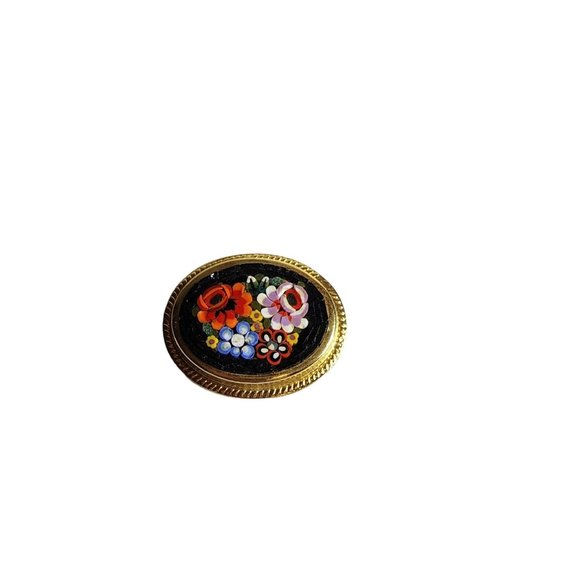Vintage Italy Micro Mosaic Millefiori 4 Flowers Red Pietra Dura Brooch Pin Oval - Picture 6 of 11